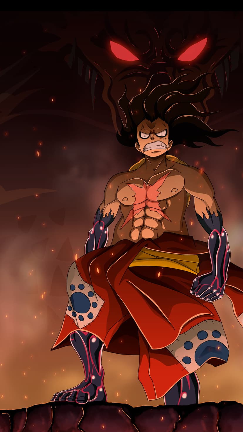 Monkey D. Luffy in Gear 5 form with white hair faces a dark demon with red eyes amidst a fiery background.