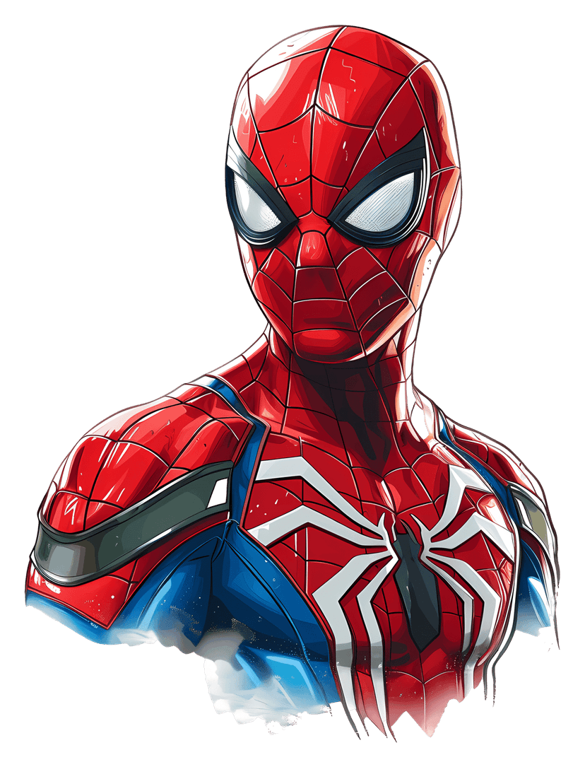 Spider Man masked hero portrait in a dynamic pose featuring bold red and blue colors with black ink outlines.