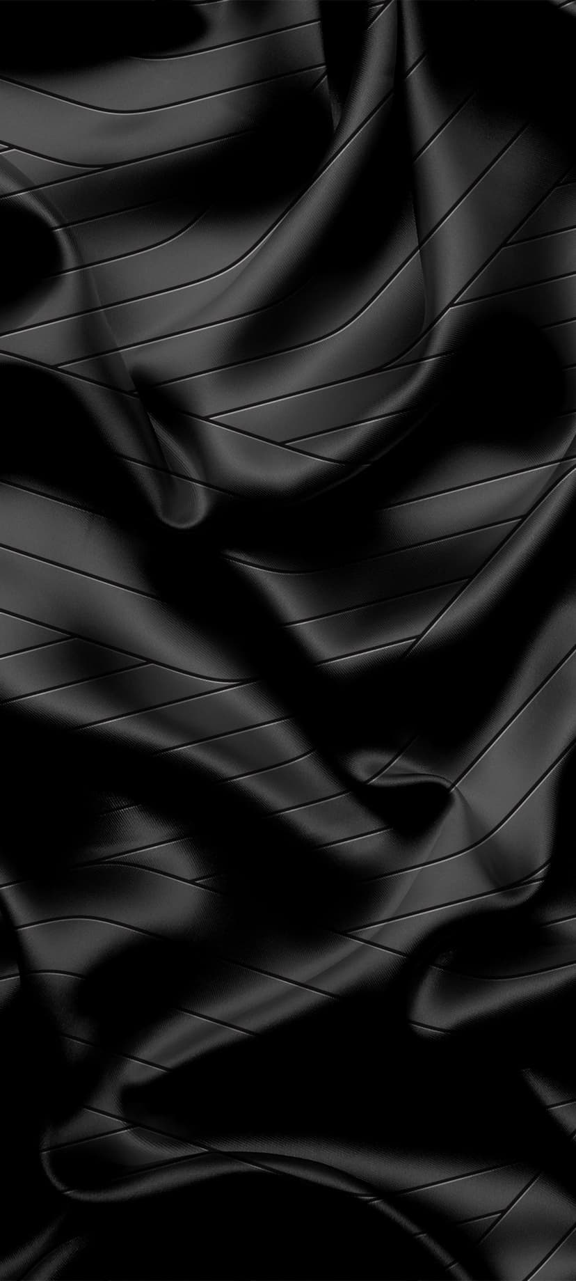Black silk fabric ripples with horizontal embossed stripes, featuring high-contrast highlights and deep shadows.