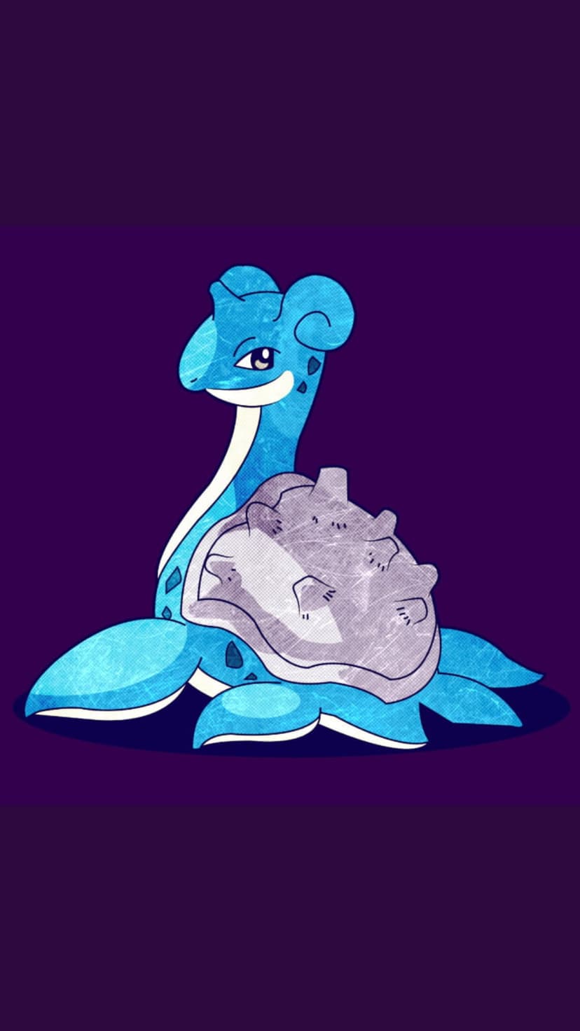 Lapras sits with fins spread, featuring a bumpy grey shell against a solid dark purple and black background.