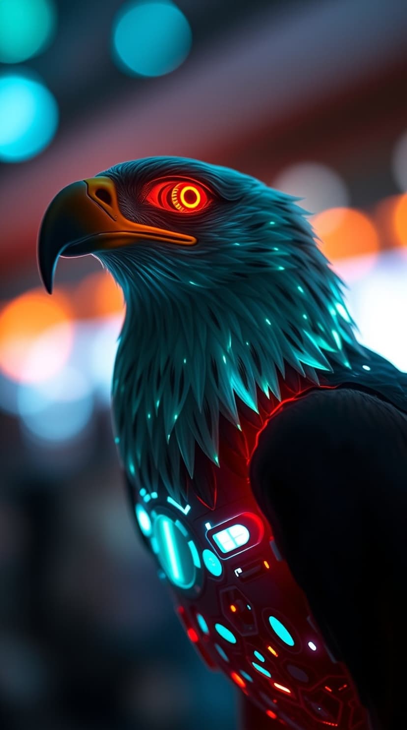 Cyberpunk raptor featuring neon red optics and intricate blue glowing circuits across its mechanical feathers.