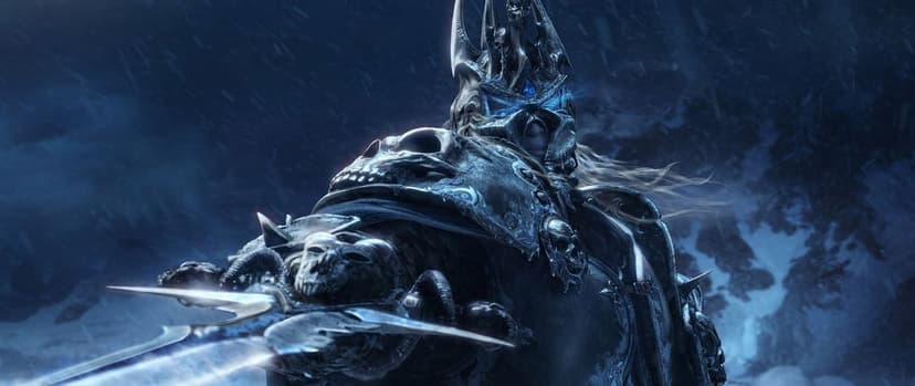 Lich King Arthas in skull armor holding Frostmourne with glowing blue eyes in a snowy mountain blizzard.