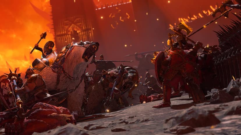 Armored white bear and rider clash with red chaos warriors on a fiery battlefield with burning fortresses.