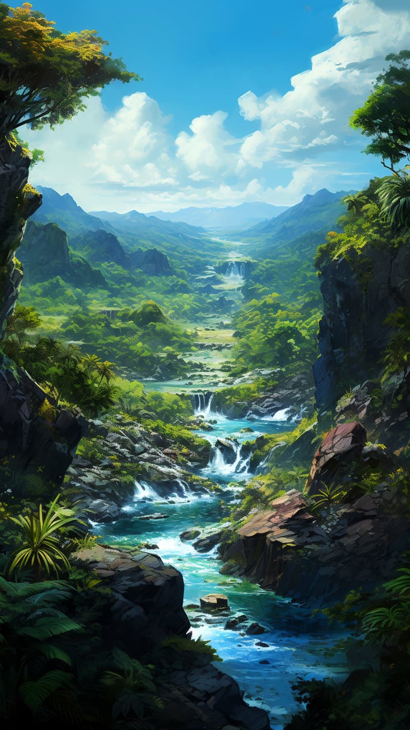 Cascading waterfalls descend into a winding river within a lush green mountain valley under a bright blue sky.