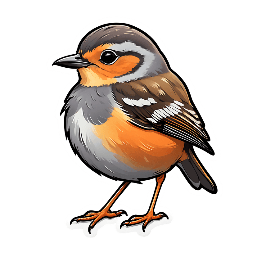 Orange bird sticker with gray head and brown wings stands in profile view featuring a clean white die-cut border.
