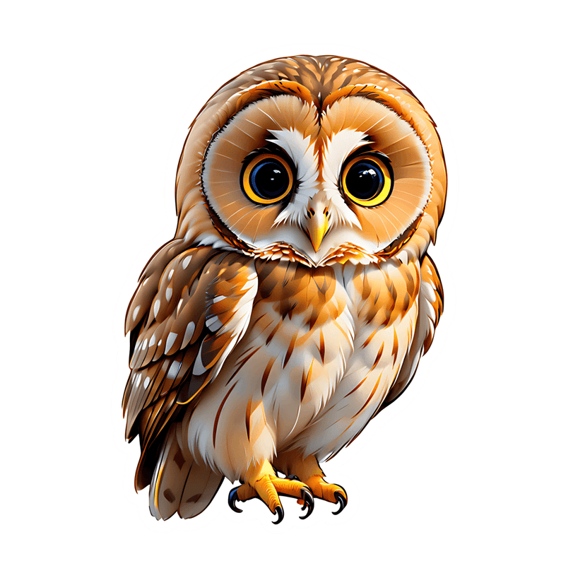 Brown owl sticker illustration with large yellow eyes and fluffy white chest feathers on a transparent background.