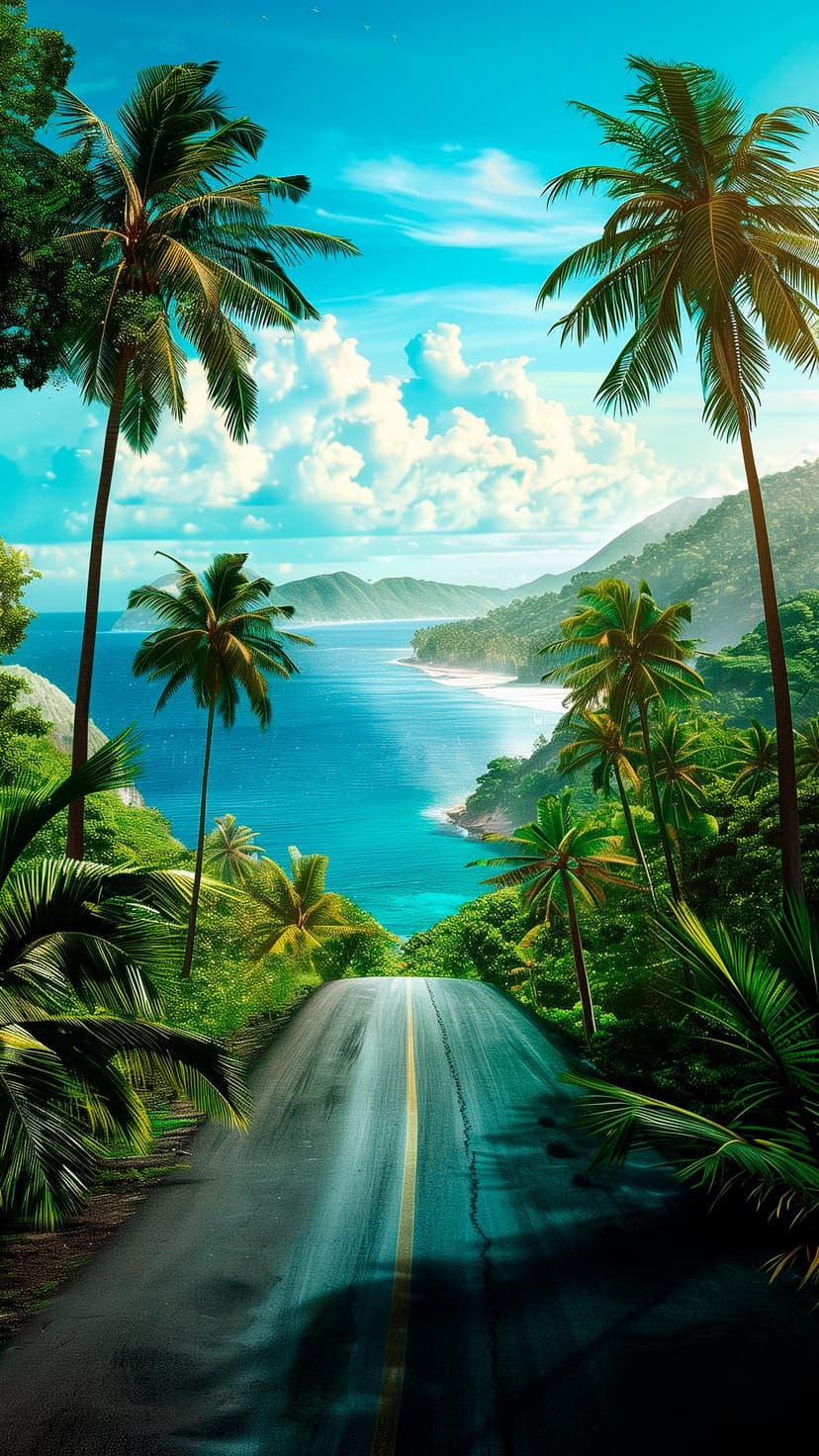 Winding road bordered by palm trees leading to a turquoise ocean beach under a bright blue summer sky.