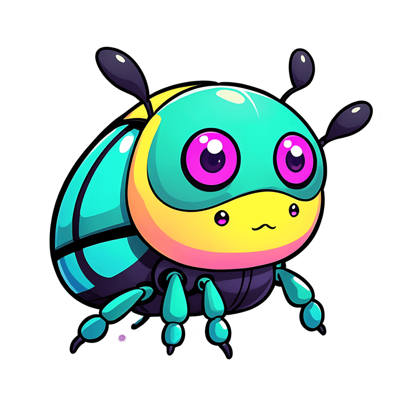 Beetle sticker graphic with teal body and pink eyes features glossy gradient shading and a white die-cut border.