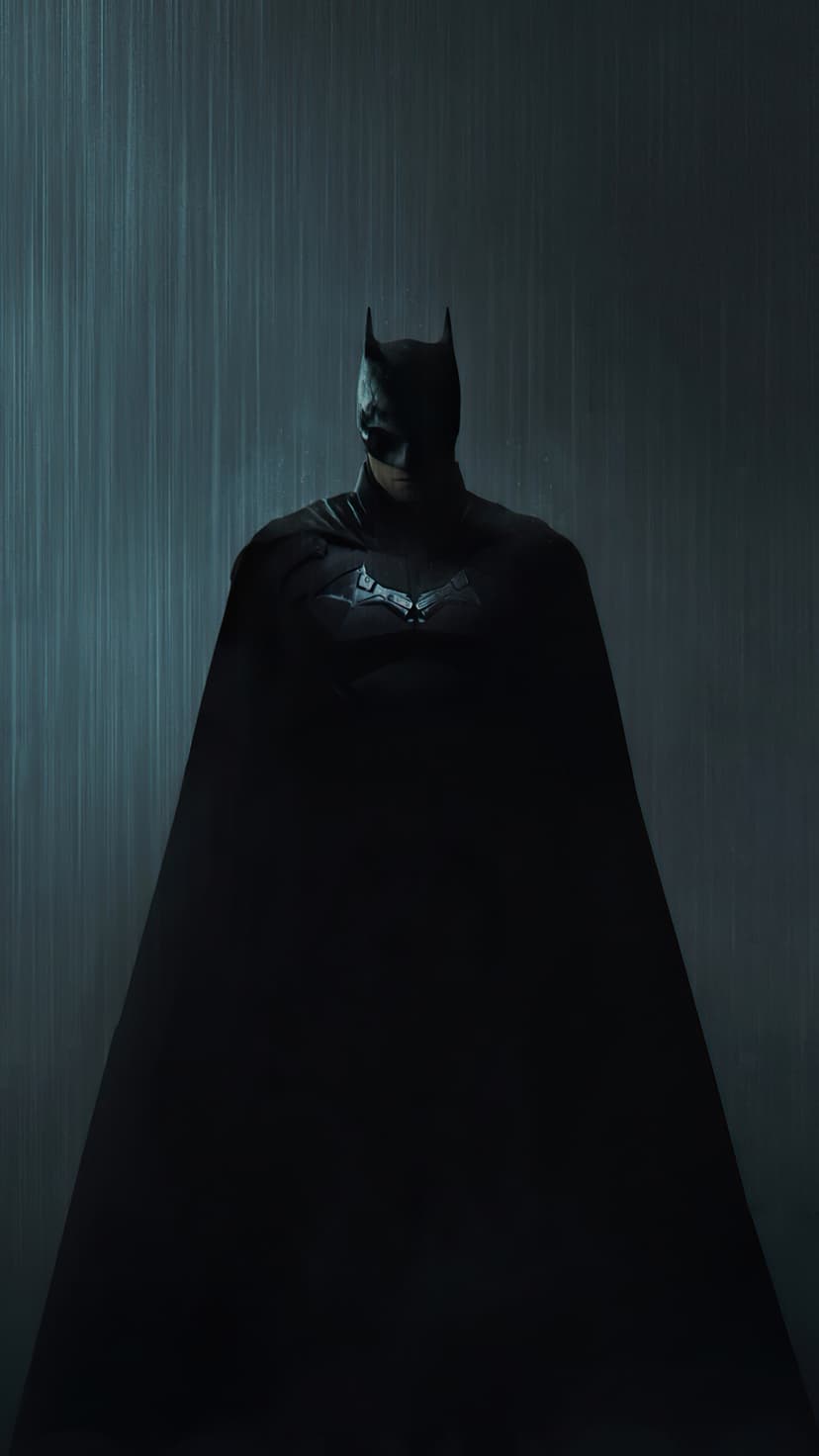 Batman standing in heavy rain with a brooding expression against a dark Gotham city backdrop during the night.