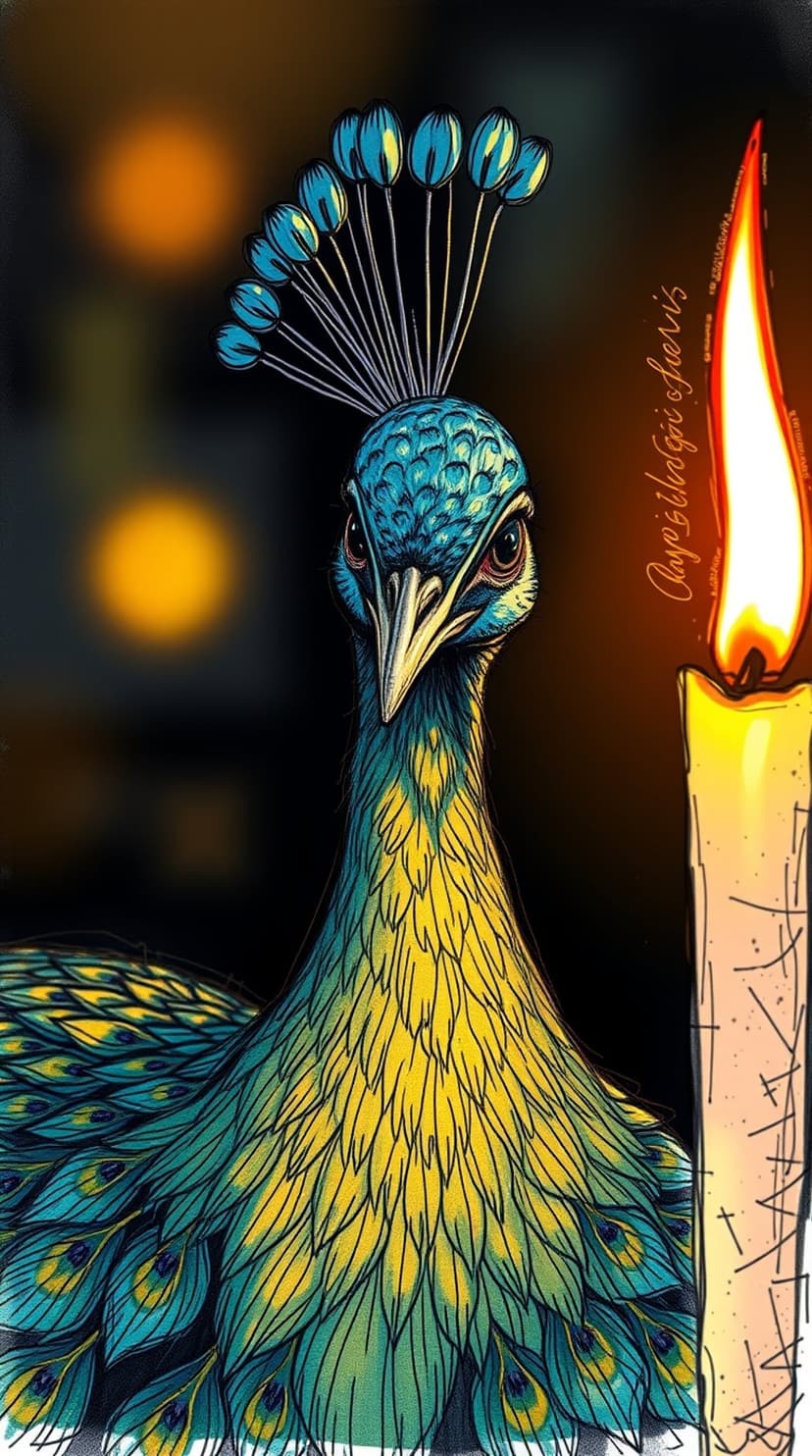 Peacock head with blue plumage and a sharp eye is lit by a warm candle flame against soft orange bokeh circles.