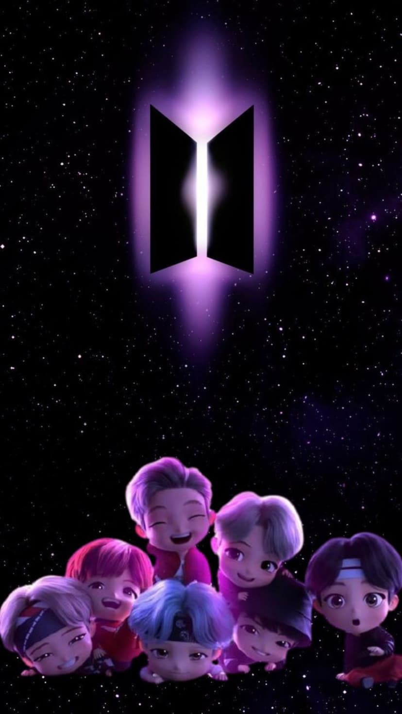 Chibi BTS members float below a glowing purple logo against a dark starry sky in a vertical composition.