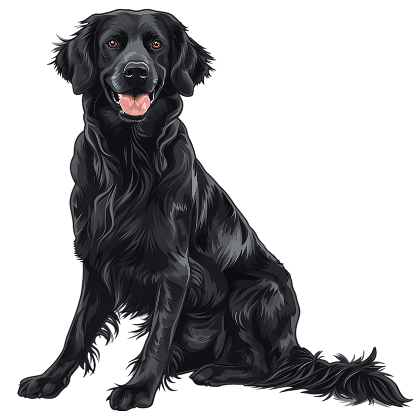 Flat-Coated Retriever dog sitting attentively with tongue out and amber eyes on a high-contrast background.
