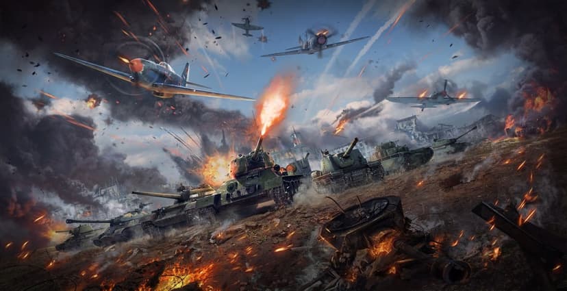 Soviet tanks fire main cannons on a scorched battlefield with fighter planes and explosions in a ruined city.