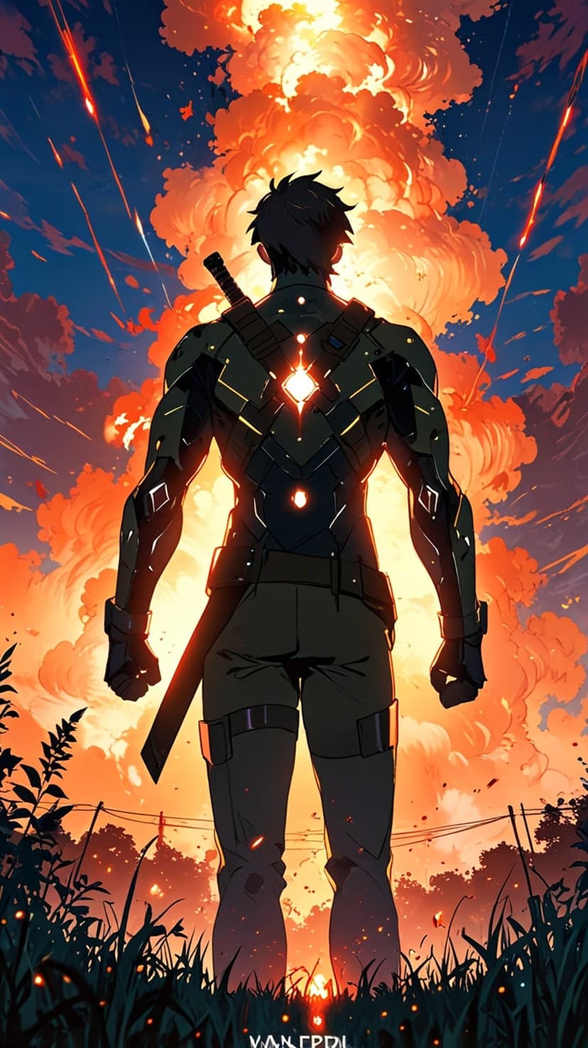 Cybernetic warrior with a sword watches a massive fire explosion and red meteor streaks under a dark stormy sky.