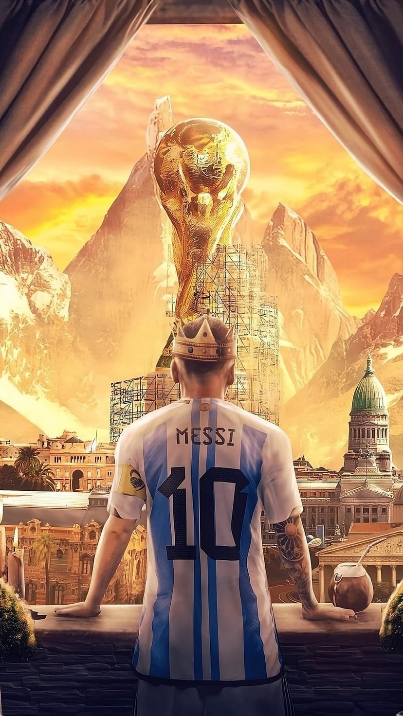 Lionel Messi wearing a crown and number ten jersey stands near the World Cup trophy with sunset mountains behind.