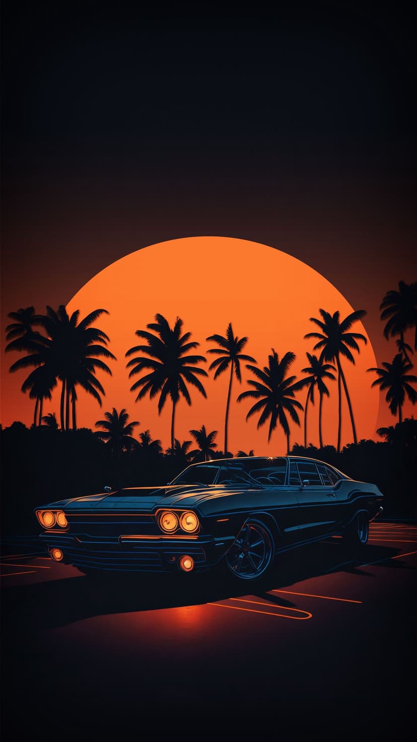 Vintage muscle car parked under palm trees during a neon orange sunset with reflections on the wet road surface.