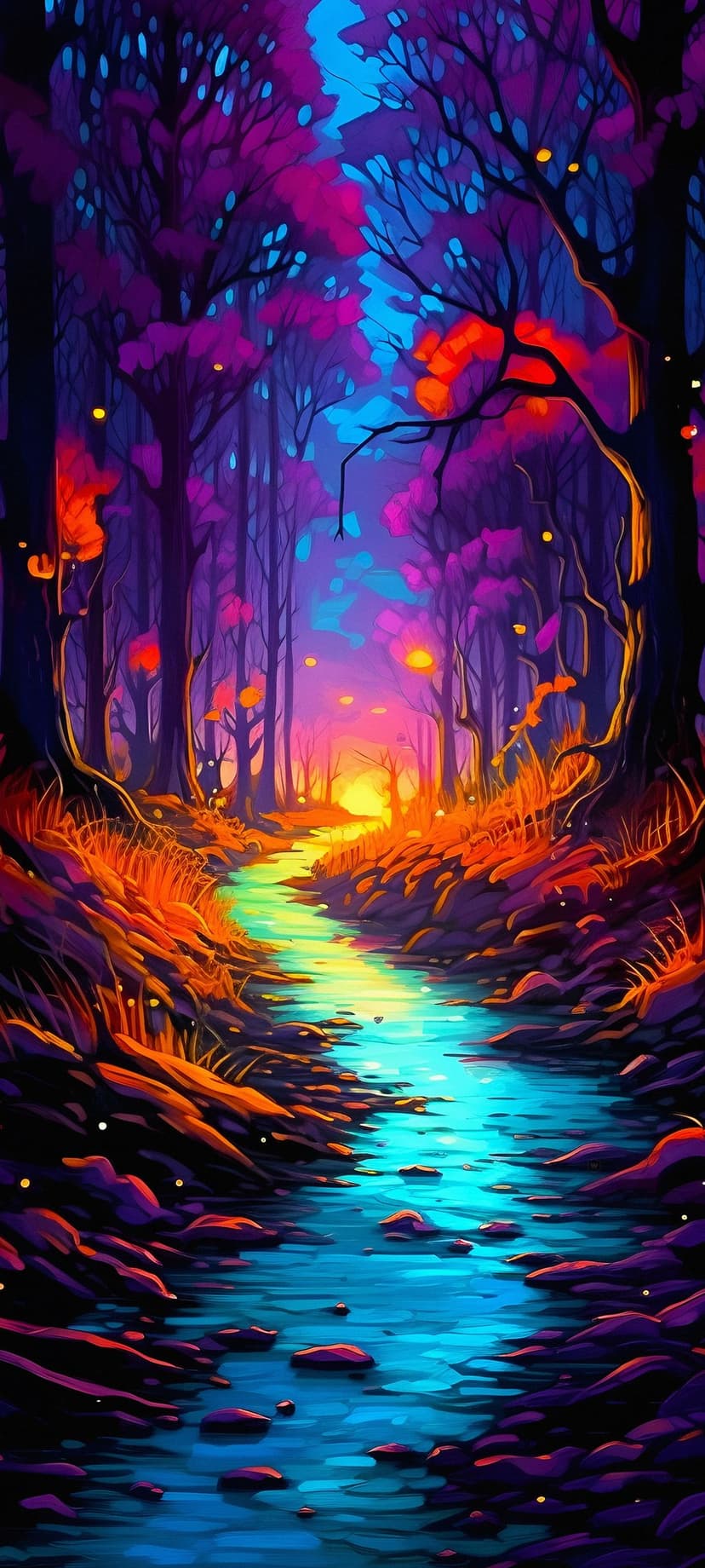Glowing turquoise river winds through purple trees and orange foliage under floating light orbs in the woods.