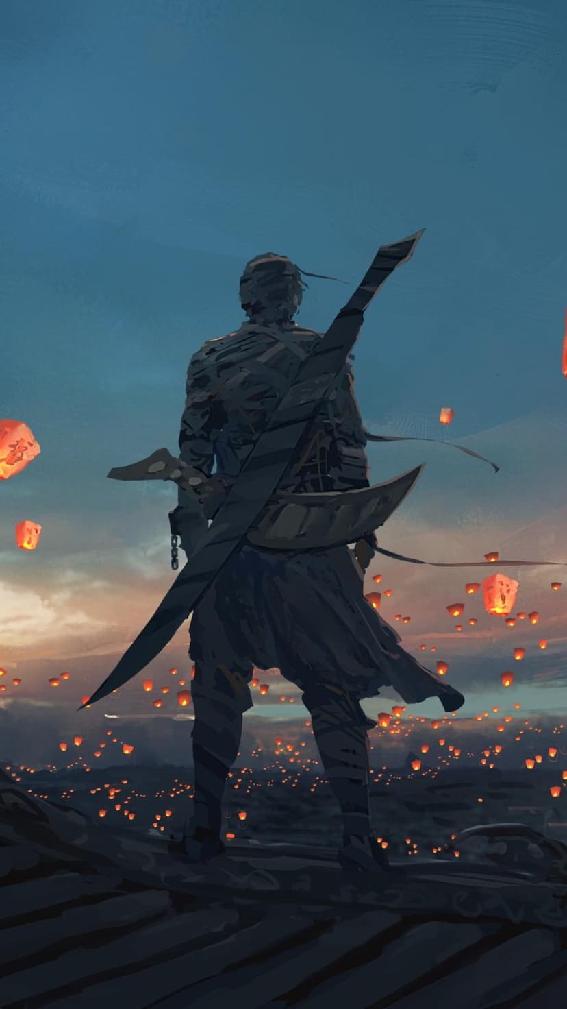 Warrior silhouette with a curved blade stands before hundreds of glowing orange lanterns in a twilight sky.