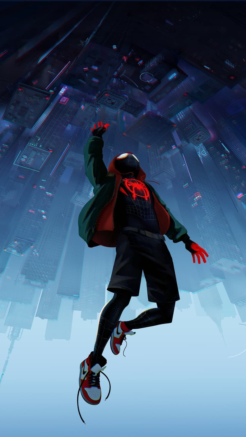 Miles Morales wearing a red hoodie hangs upside down before an inverted futuristic city with glowing neon lights.