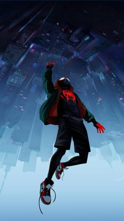 Miles Morales' Spider-Man hangs upside down in a futuristic city