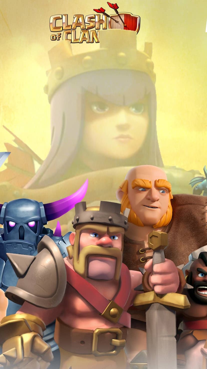 Barbarian King, Giant, and PEKKA stand before a glowing Archer Queen in a golden yellow mobile background.