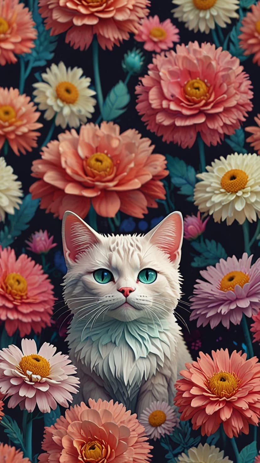 White fluffy cat with blue eyes sits among bright pink and orange flowers against a dark forest green background.
