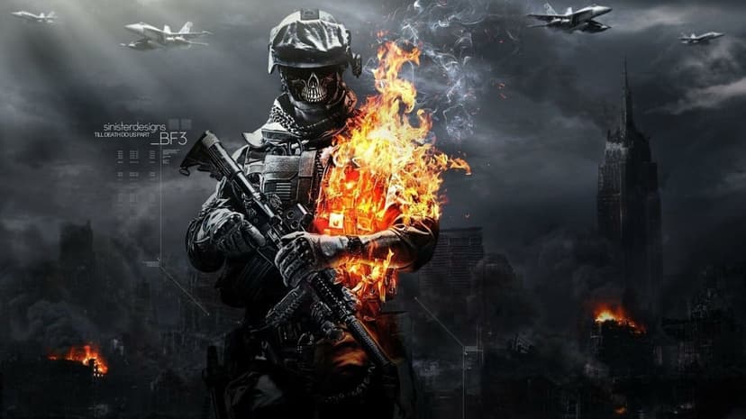 Soldier with skull mask and burning fire effects holding a rifle in a dark war-torn city with fighter jets.