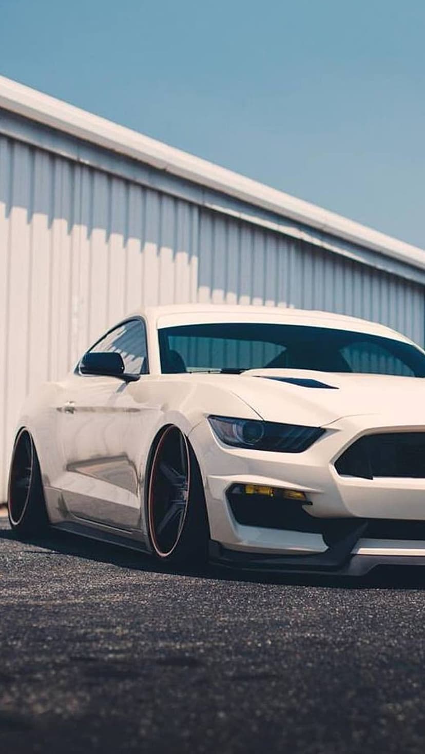 White Ford Mustang with custom dark wheels and red accents parked in front of a corrugated industrial wall.