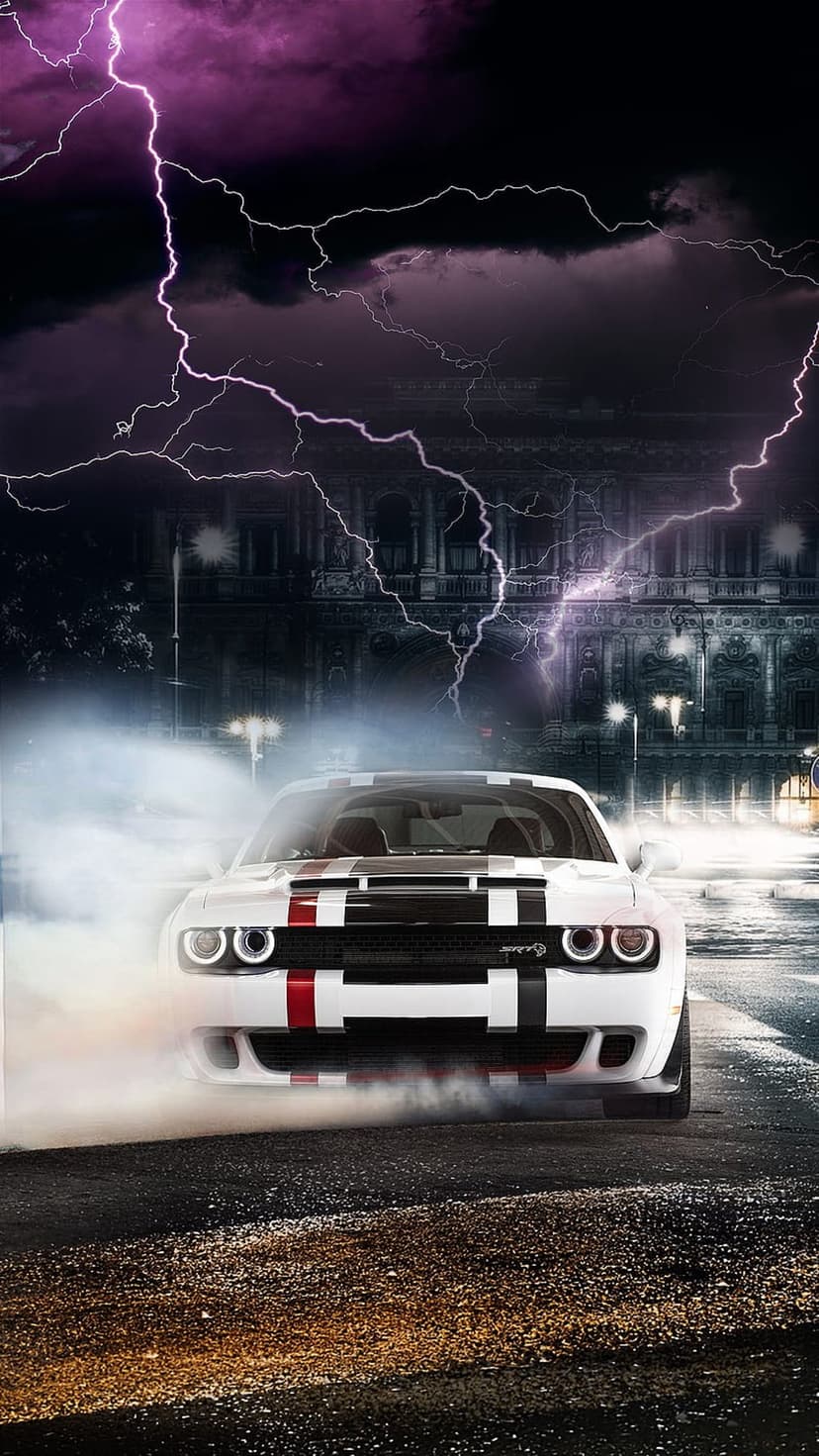 White Dodge Challenger with red stripes drifting on wet asphalt under a purple lightning storm at night.