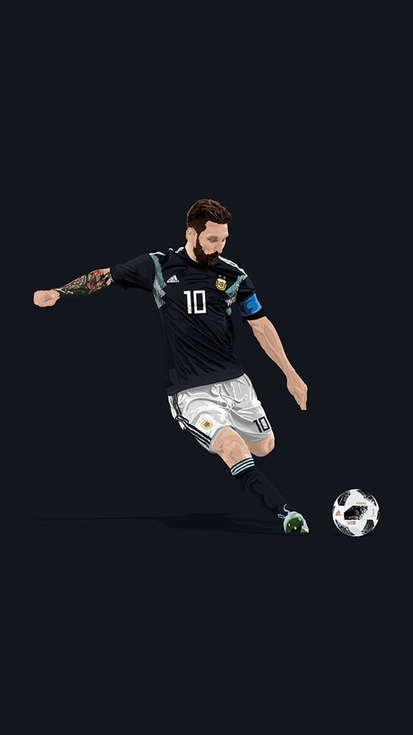 Lionel Messi kicks a soccer ball wearing a black Argentina jersey and white shorts against a dark background.
