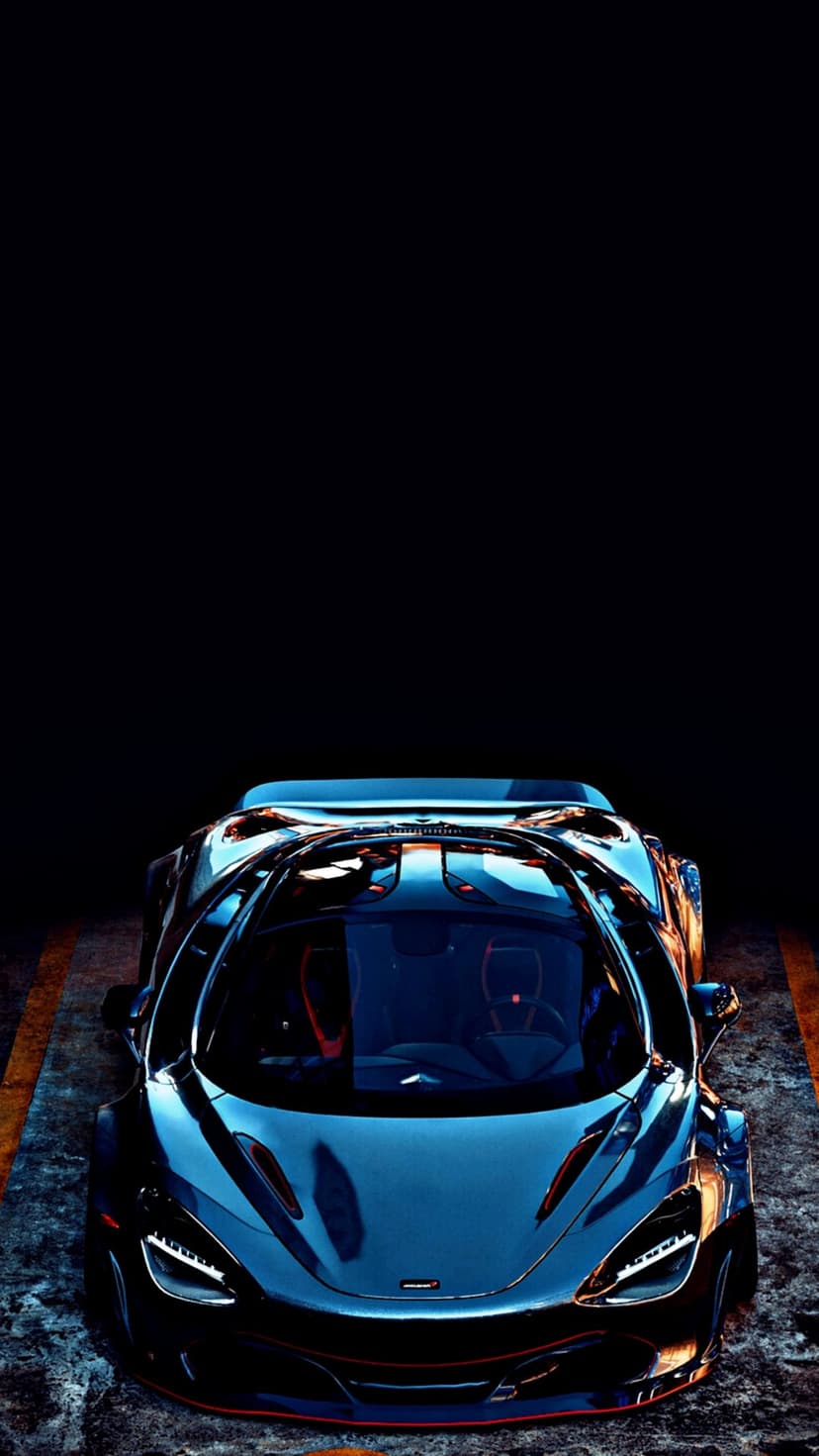 Blue sports car with red interior seats viewed from above on a dark textured floor with parallel yellow lines.