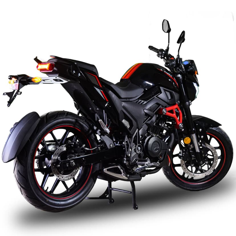 Black sport motorcycle with red frame accents and orange stripes parked in a bright studio on a white background.