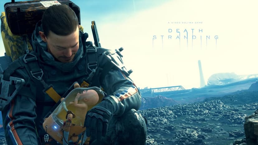 Sam Porter Bridges looking down at a baby in an amber pod against a desolate rocky landscape and bridge.