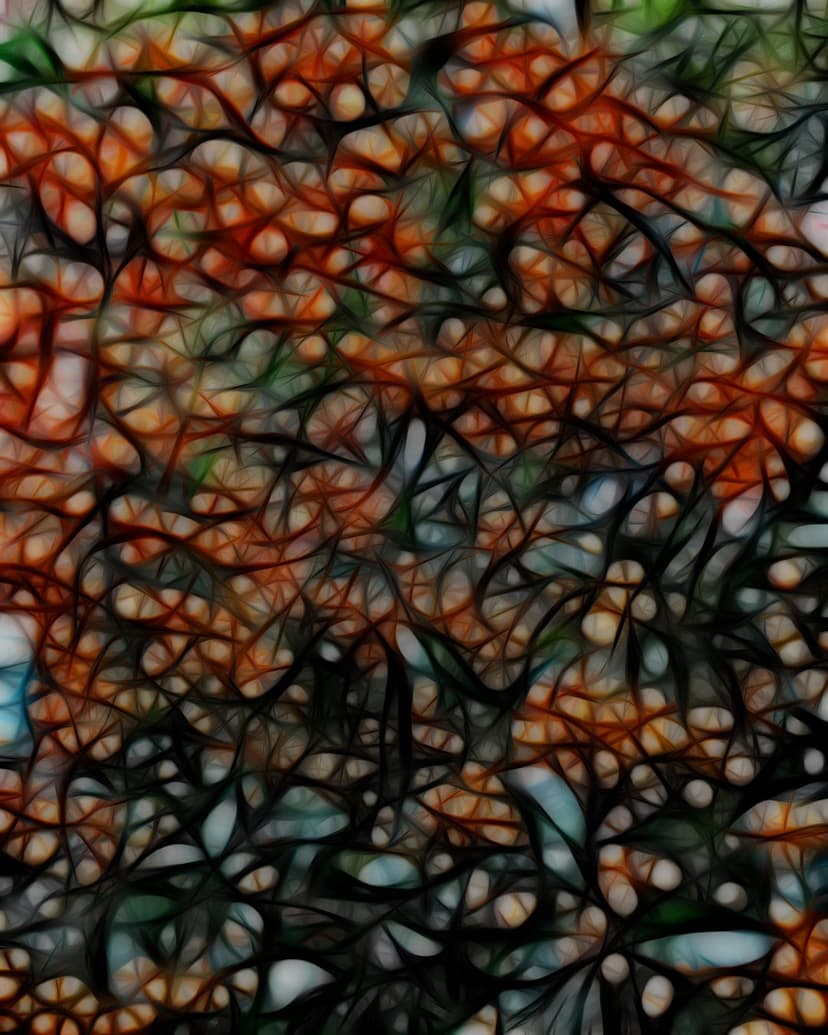 Interconnected orange and white organic shapes woven with dark lines create a complex neural botanical network.