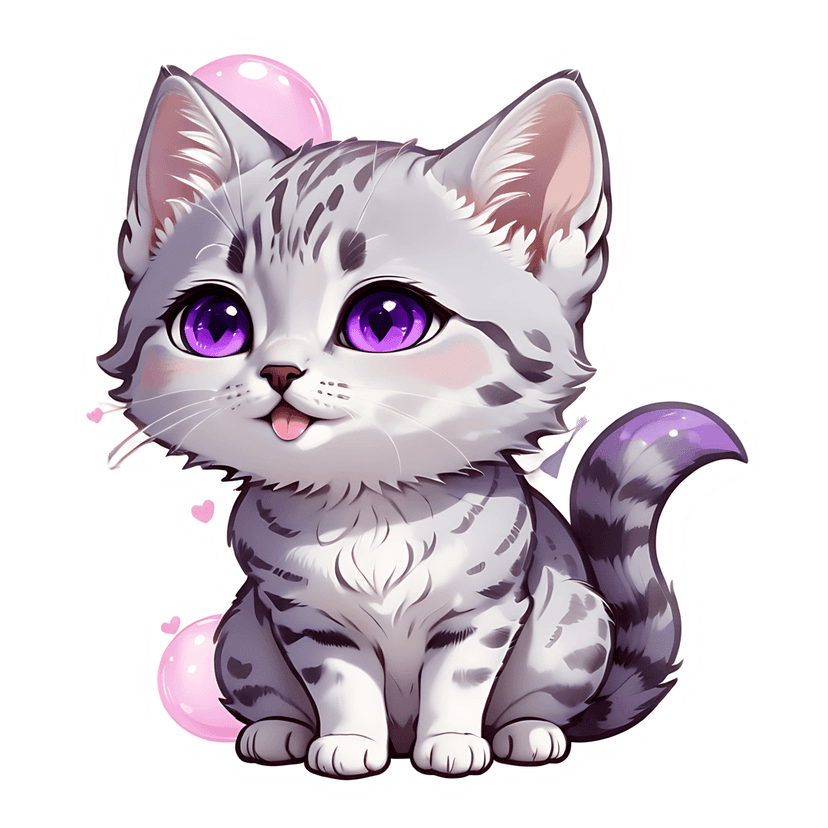 Gray kitten sticker illustration shows a seated chibi cat with purple eyes, pink nose, and fluffy striped fur.