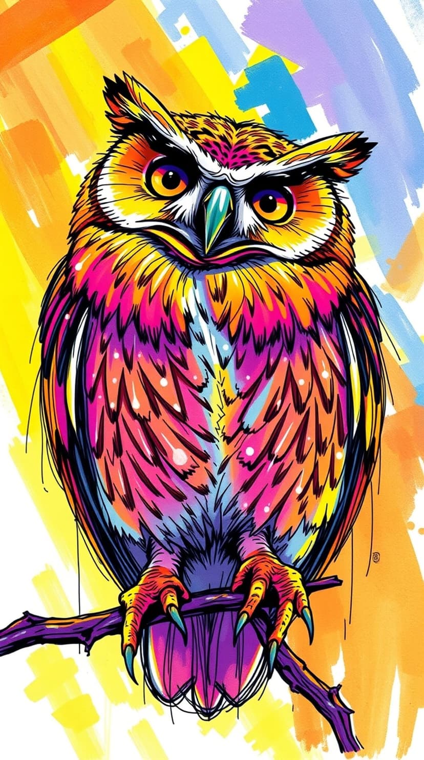 Owl with neon feathers perches on a branch against an abstract yellow and orange paint-splattered background.