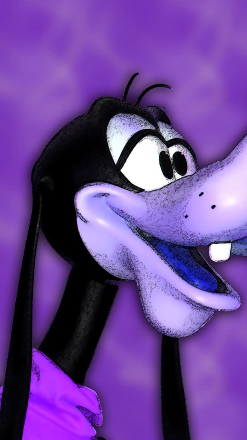 Goofy with a large black nose and wide white eyes smiles against a solid purple and dark black background.