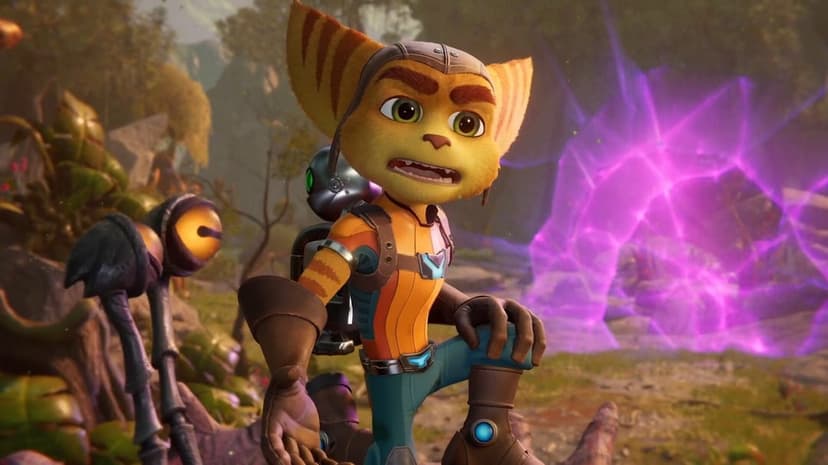Ratchet the Lombax with a concerned expression standing before a glowing purple dimensional rift in a jungle.