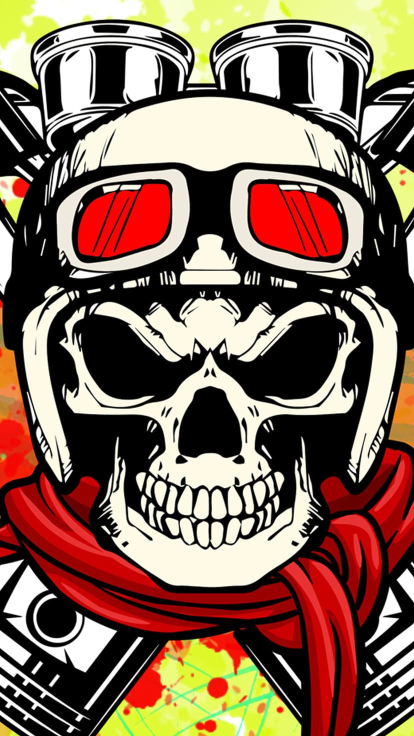 Biker skull wearing red goggles and a flowing scarf against an abstract background of splatters and geometric shapes.