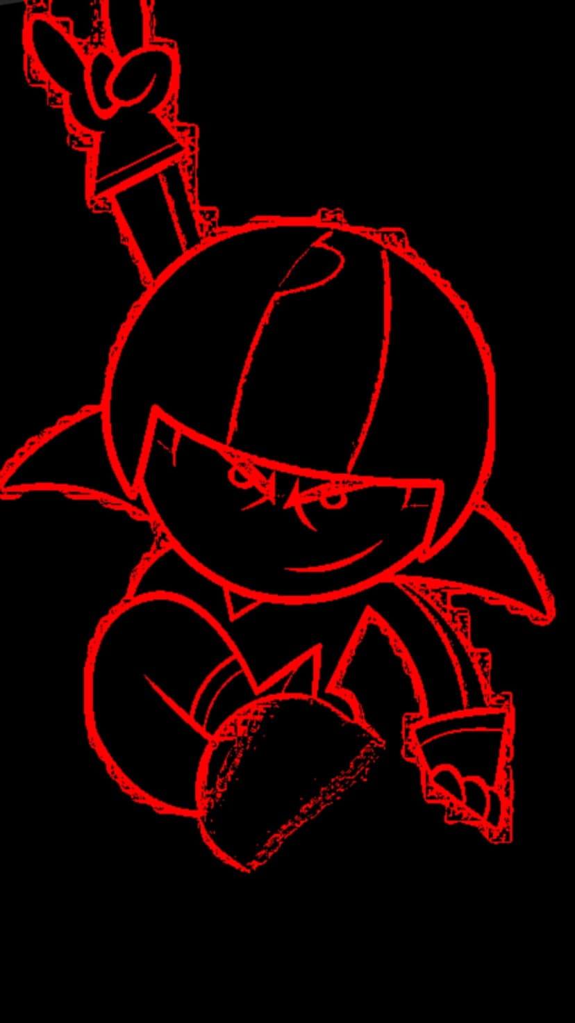 Stylized anime figure with sharp eyes and a peace sign gesture rendered in textured red lines on a black backdrop.