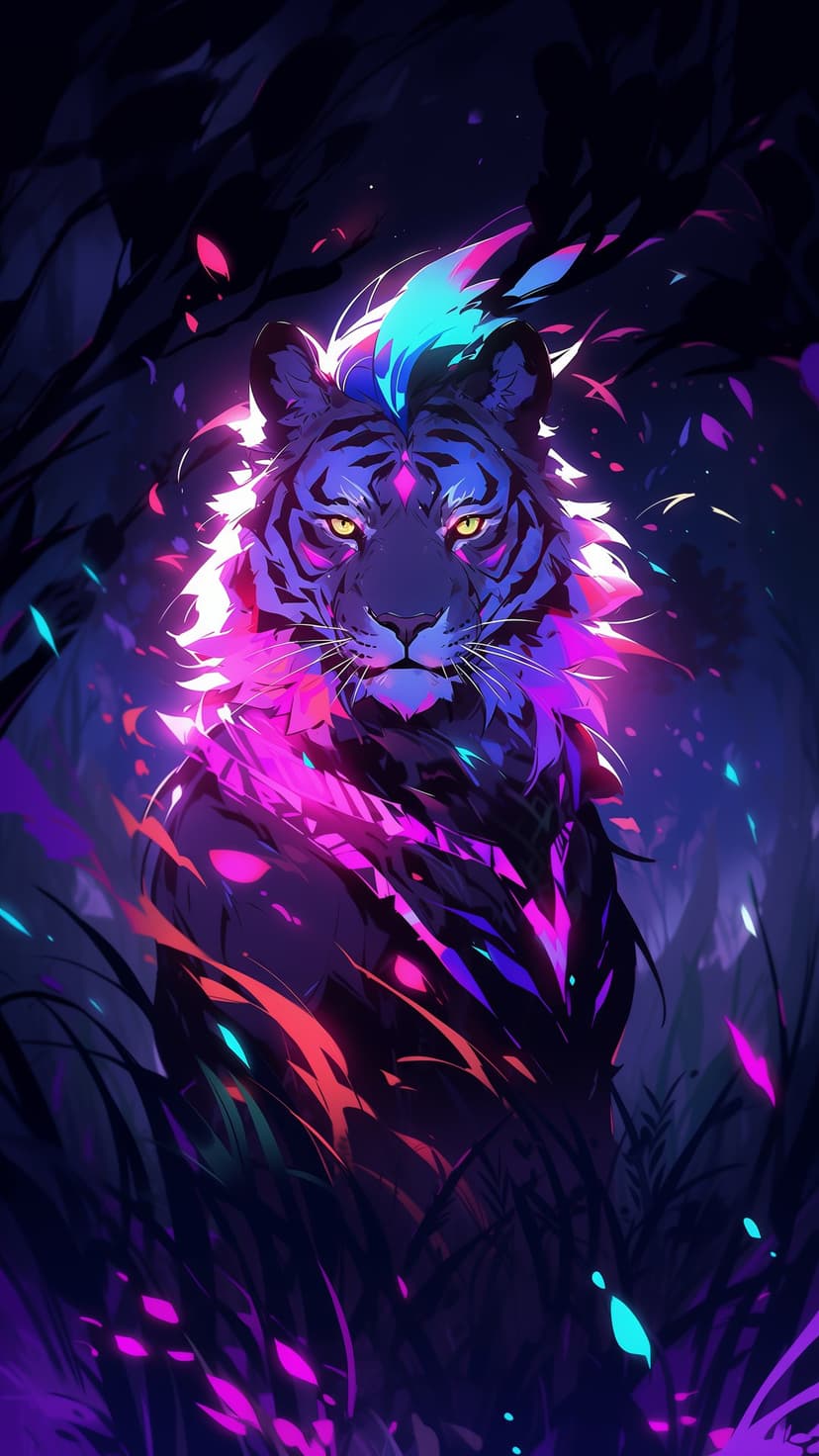 Majestic tiger with glowing blue and pink neon stripes standing in a dark mystical forest with faint light.