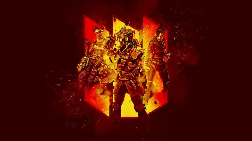 Three Apex Legends characters stand before a glowing orange logo on a dark red textured and glitchy background.