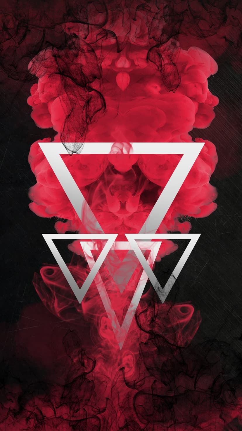 Red and black smoke swirls around translucent white triangles, creating a deep sense of layered perspective.