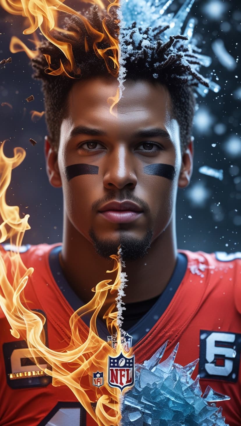 American football player split into orange flames and blue ice, featuring a jersey and helmet on a dark background.