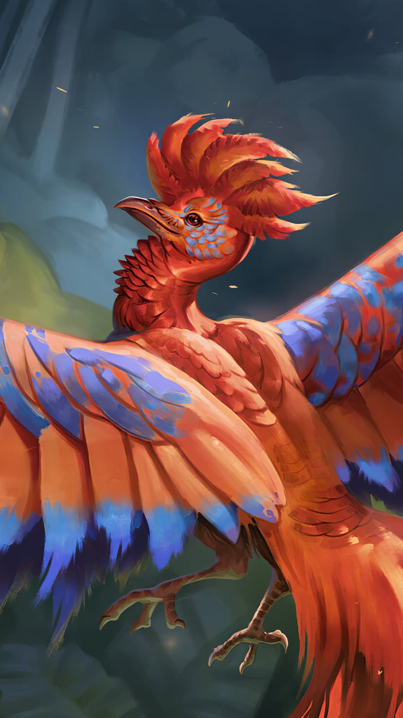 Phoenix with orange feathers and blue wingtips flies through a dark misty forest with its wings spread wide.