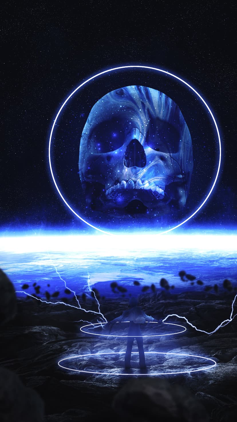 Massive skull made of stars and gas floats above a figure on a rocky, blue-lit alien planet with lightning bolts.