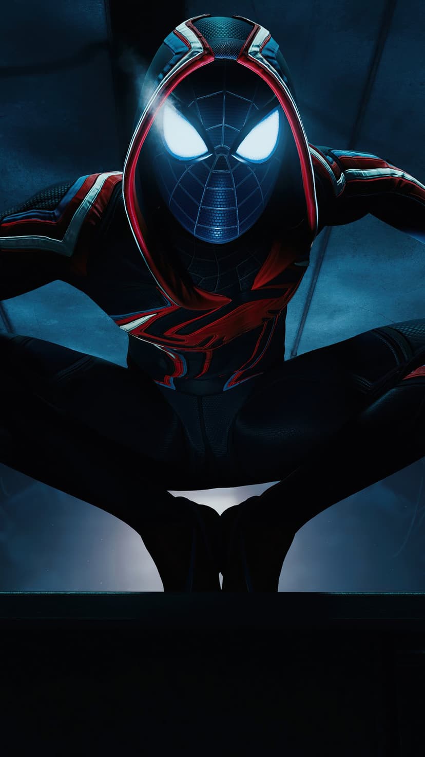 Miles Morales in a black hooded suit with glowing white eyes and red trim crouches in a dark, shadowy alley.