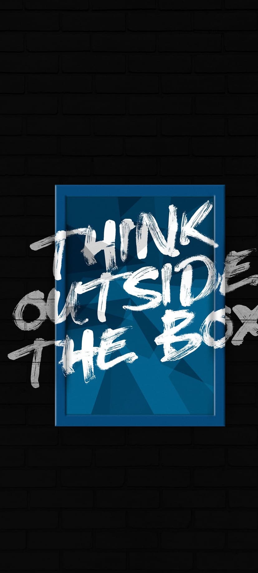 Think Outside the Box white brushstroke text centered on a black brick wall and blue geometric background.