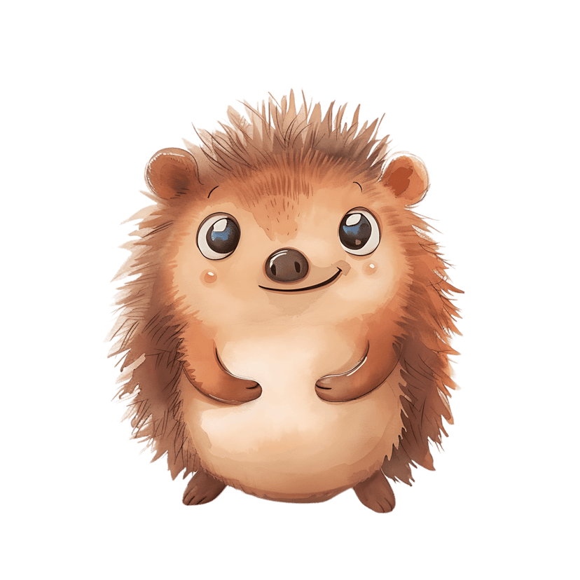 Hedgehog watercolor illustration featuring soft brown fur, blue eyes, and small paws in a frontal pose.