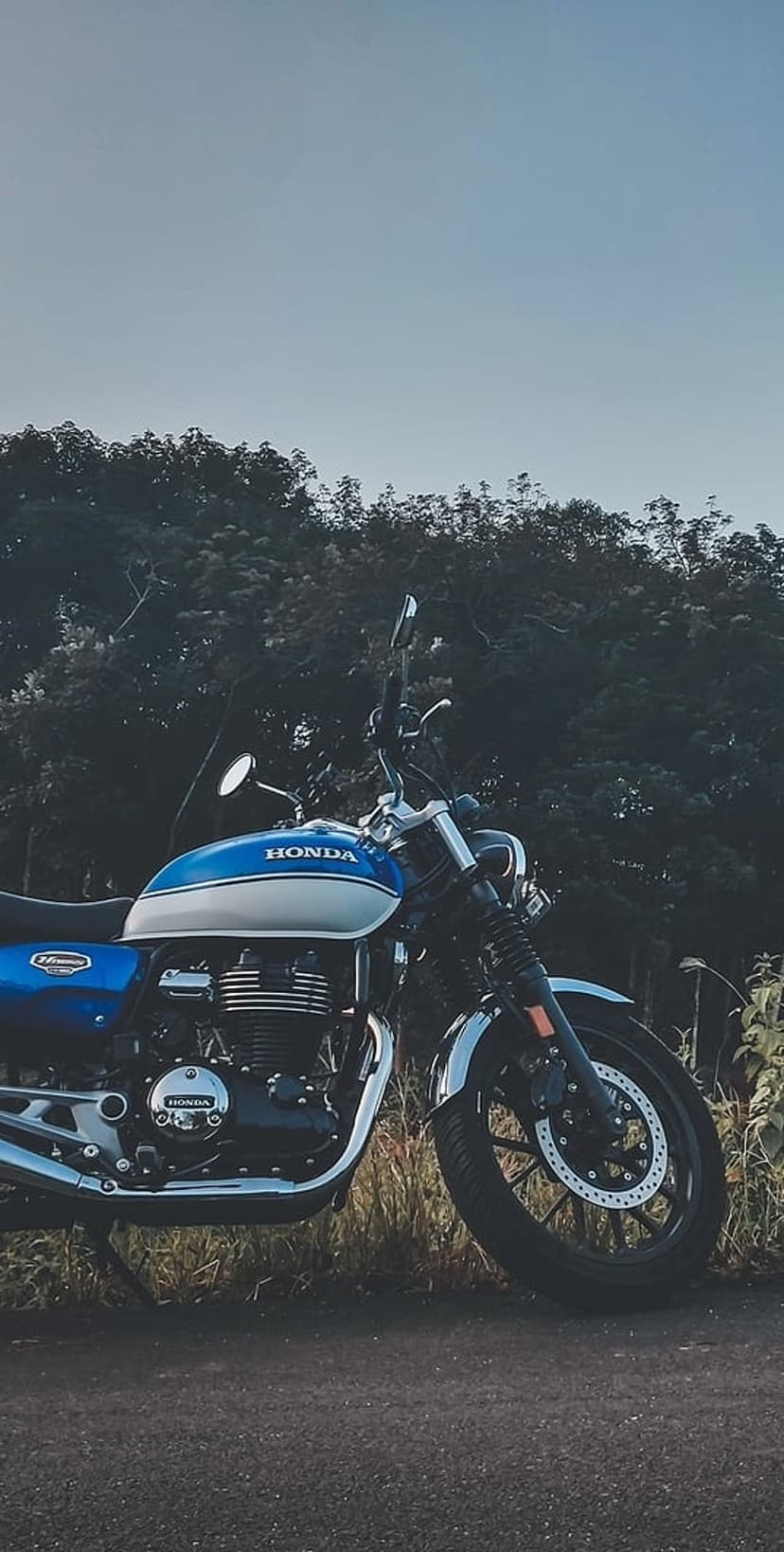 Blue Honda cruiser motorcycle parked on a paved road with green trees and a bright sky in the background.